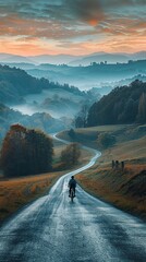 An image blending a person cycling on a country road at dawn with a scenic landscape, symbolizing the journey towards health and adventure  Color Grading Complementary Color - obrazy, fototapety, plakaty