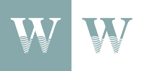 Logo Nautical. Letra inicial W con olas de mar