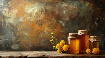 Bee propolis with honey jars, rustic table, natural remedy theme, copy area