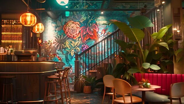 Cozy Restaurant Interior with Artistic Wall Mural with Ai generated.
