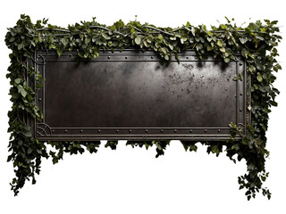 Weathered blank rusted metal sign overgrown with vines and foliage on a transparent background. Post-apocalyptic blank grunge metal sign background with copy space.