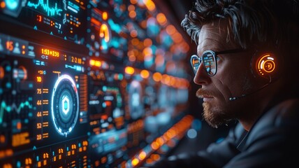An individual analyzing complex blockchain data, reflected in glasses, against a backdrop of illuminated digital panels - obrazy, fototapety, plakaty