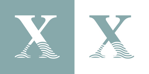 Logo Nautical. Letra inicial X con olas de mar - 785182992