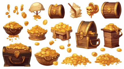 Game icons of pirate treasure gold coins in wooden ch