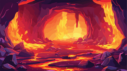 Game background of hell with lava in rock cave. Fanta - obrazy, fototapety, plakaty