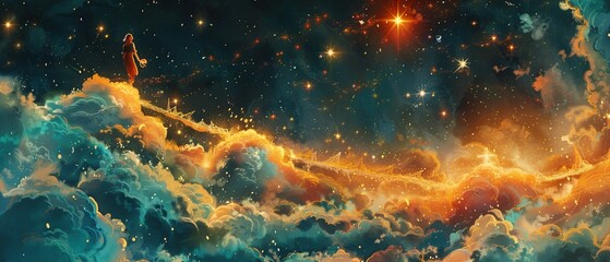 An image depicting a person riding a golden arrow soaring upwards towards stars, each star named after a different aspiration  Color Grading Complementary Color