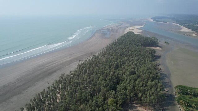 Aerial drone video of the southern coastal region of Bangladesh called the longest sea beach in the world, near Cox's Bazar