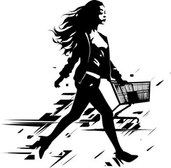 Vogue Voyage Shopping Trolley Logo Design Trendy Trolley Tracker Woman with Cart Vector