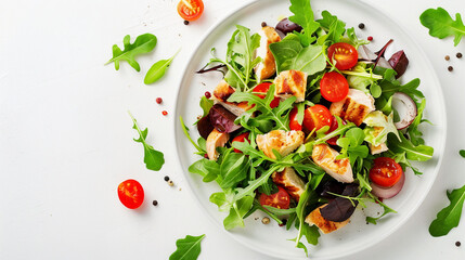 Fresh Salad with Chicken, Tomatoes, and Mixed Greens: A Delicious Culinary Delight on White Background Perfect for Healthy Meals and Gourmet Cuisine Photography