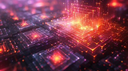 Obraz premium A high-tech quantum computer core visualized with spinning holographic qubits and entanglement links, showcasing advanced computing power