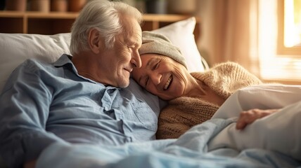 Senior man caring for ill wife in bed
