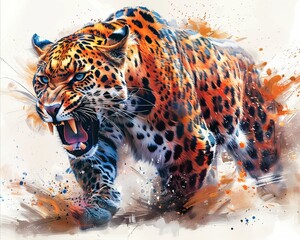 A watercolor illustration portraying a leopard's intense roar as it charges, depicted with vibrant ferocity and movement