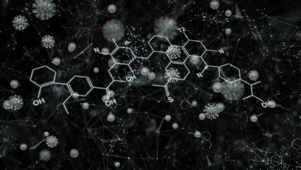 Dark chemical structures with coronavirus illustration. Geometric glowing particles.