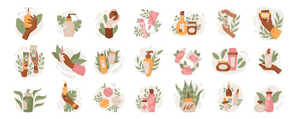 Flat hands hold organic skincare product set, colorful cosmetic bottle compositions with leaves, trendy isolated skin care collection, cartoon graphic and abstract shapes vector illustration.