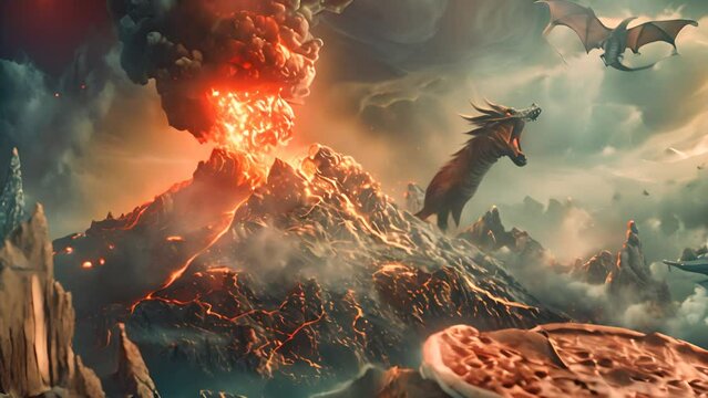 Dragons Flying Over Fiery Volcanic Eruption with Ai generated.
