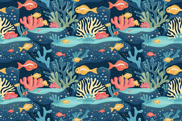 Colorful underwater pattern with tropical fish and corals