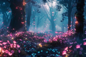 Cybernetic forest, glowing flora, futuristic technology blended with nature background ,3DCG,clean sharp focus