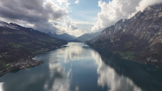 Slow motion view of Walensee lake Switzerland
