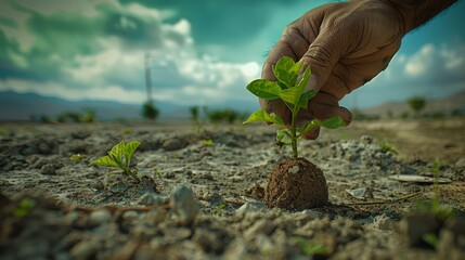 Environmental Conservation: A photo of a person planting a tree in a barren landscape