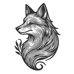 Naklejka premium fox tattoo profile with stylized fur, capturing the animal's wild and cunning essence sketch engraving generative ai raster illustration. Scratch board imitation. Black and white image.