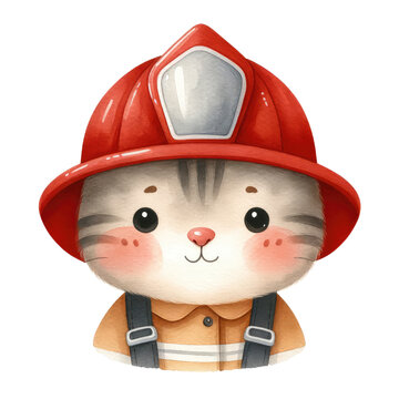 pet with firefighters' helmets. watercolor illustration, Perfect for nursery art, Cute watercolor animal character wearing firefighter uniform clipart.