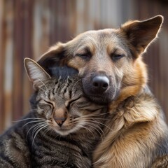 A dog and cat cuddling together with the dog's head on top of the cats. AI.