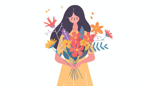 Girl with disproportionate figure holds bouquet of flowers
