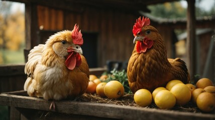 Two chickens are sitting on a wooden crate with lemons and oranges. AI.
