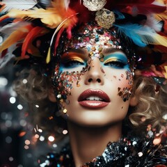A woman with a colorful makeup and feathers on her face. AI.