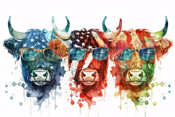 Watercolor illustration of five highland cows with colorful sunglasses american flag
