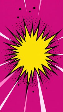 Magenta background with a white blank space in the middle depicting a cartoon explosion with yellow rays and stars