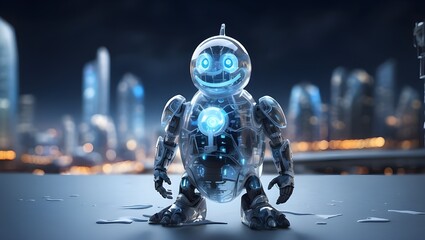 A futuristic snowman standing in a frozen cityscape, constructed of ice and technology, with flashing blue eyes and a sleek design
