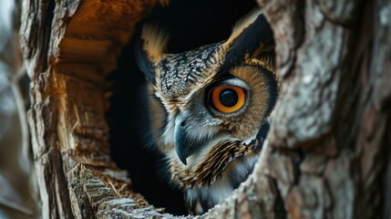 An owl peeking out of a hole in the side of tree. AI.