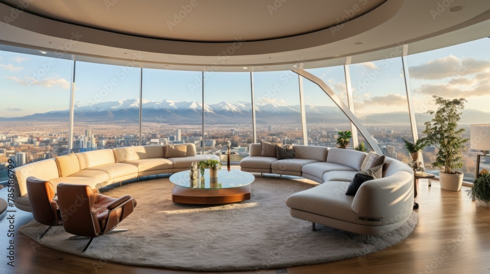 Canvas Prints A large circular couch in a living room with city views. AI.