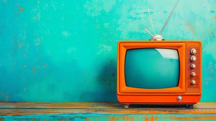 An antique orange television device stands on a wooden table, creating an image of vintage aesthetics.