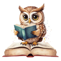 watercolor cute owl reading on top of an open book with flowers on Isolated transparent background png. generated with AI