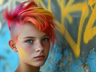 A young woman with bright pink hair and a painted face. AI.