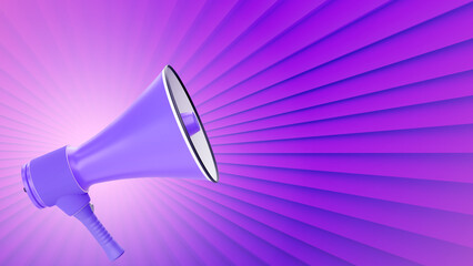 Megaphone for announcements. Loudspeaker on purple. Megaphone for announcing news. Promoter loudspeaker. Megaphone symbolizes announcement of discounts. Loudspeaker for advertising sales. 3d image