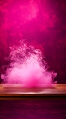 magenta background with a wooden table and smoke. Space for product presentation, studio shot, photorealistic