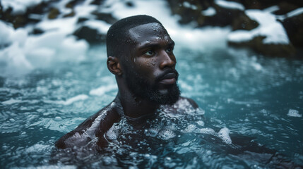African Man in Ice Cold Water