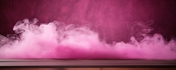 magenta background with a wooden table and smoke. Space for product presentation, studio shot, photorealistic - obrazy, fototapety, plakaty