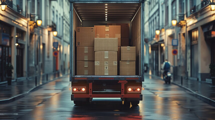 Truck filled with boxes, moving out concept, spacious background for copy
