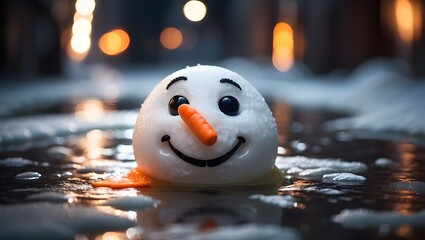 A dejected snowman with a carrot-shaped nose, melting into an ice puddle as a result of the lights' warmth, the effects of climate change, and the approach of spring