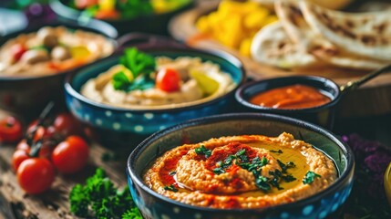 A table topped with bowls of hummus and other food. AI.