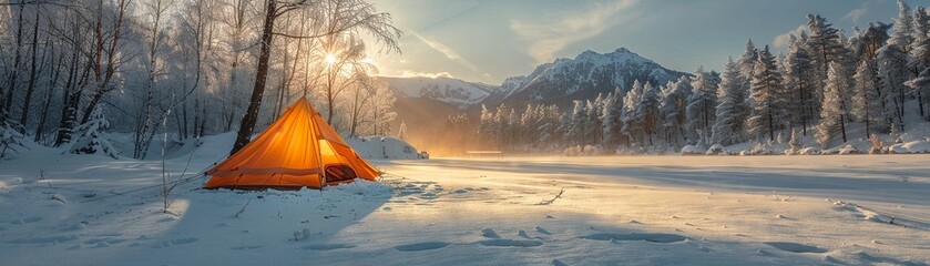 Winter camping, tent in snow, crisp morning, untouched nature, space for copy - obrazy, fototapety, plakaty