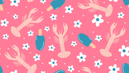Cute hand drawn colorful lobster, white daisy flowers and blue ice cream on pink background seamless vector pattern illustration