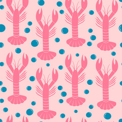 Cute hand drawn pink lobster seamless vector pattern background illustration