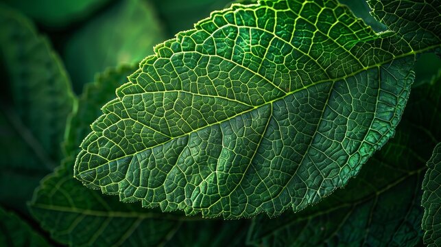 Green Leaves: A photo of a green leaf with intricate veins