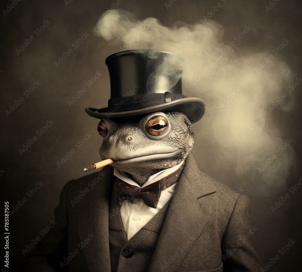 Poster A lizard man in a top hat smoking with smoke coming out of his mouth. AI.