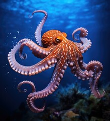 An octopus swimming in the ocean with a blue background. AI.
